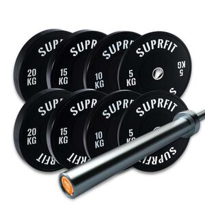 Suprfit Econ Bumper Plates White Logo Set, 100 kg Set Pro Training Bar - 15 kg