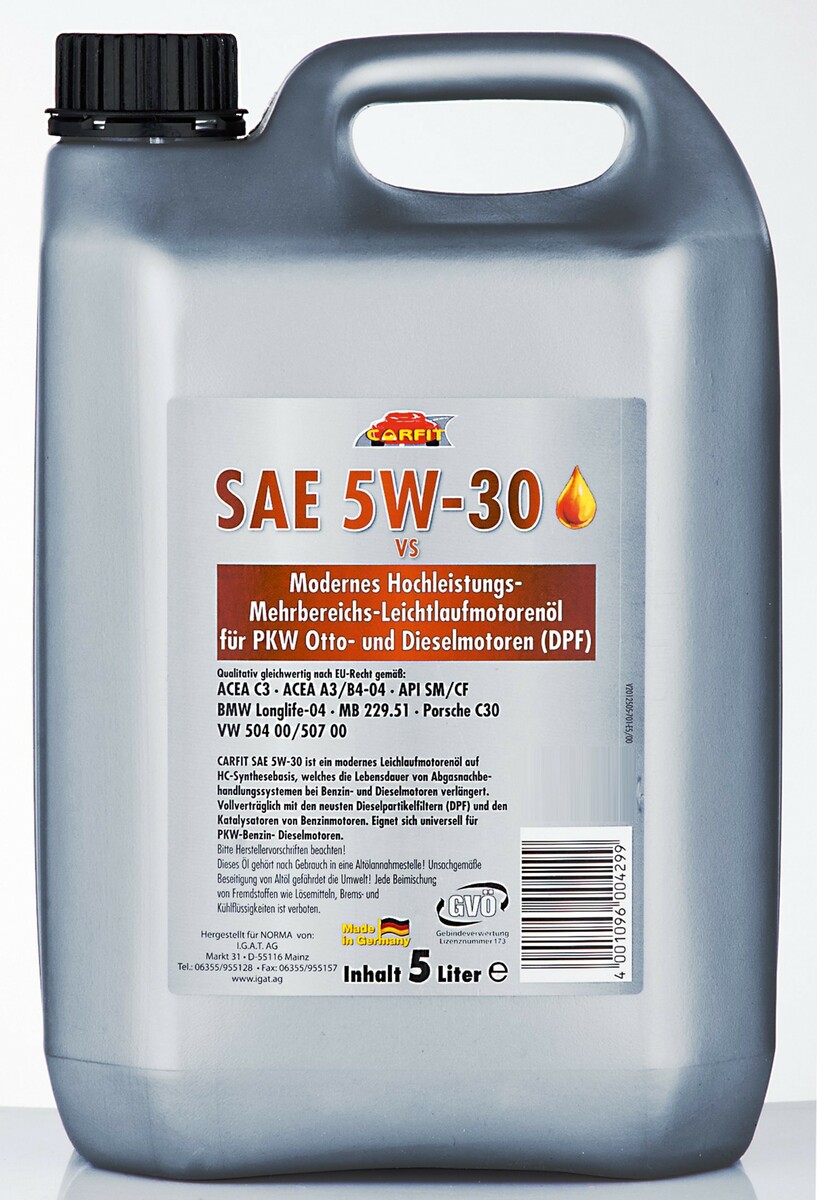 Bild 1 von Carfit Qualitäts-Motorenöl SAE, KFZ-4-Takt Öl, 5W-30, 5 Liter