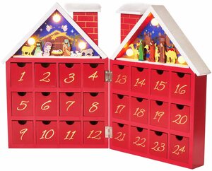 BRUBAKER befüllbarer Adventskalender »Weihnachtskalender zum Befüllen - Kalender Weihnachten 21 x 9 x 30 cm« (Wiederverwendbar, 1-tlg), Weihnachtshaus Krippenspiel Rot - LED-Beleuchtung