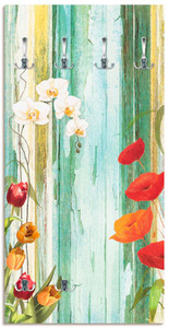 Artland Garderobe »Bunte Blumen«, platzsparende Wandgarderobe aus Holz mit 6 Haken, geeignet für kleinen, schmalen Flur, Flurgarderobe