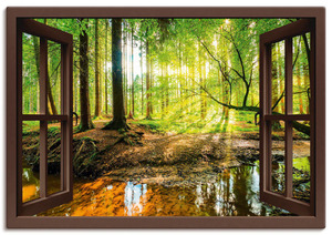 Artland Wandbild Fensterblick - Wald mit Bach, Wald, (1 St.), in vielen Größen & Produktarten -Leinwandbild, Poster, Wandaufkleber / Wandtattoo auch für Badezimmer geeignet
