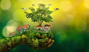 Papermoon Fototapete hand mit Baum und Tieren, Vliestapete, hochwertiger Digitaldruck, inklusive Kleister
