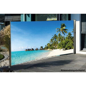 Seitenmarkise 3 x 1,6 m mit Auszug links und Fotodruck „Südsee“ rechts