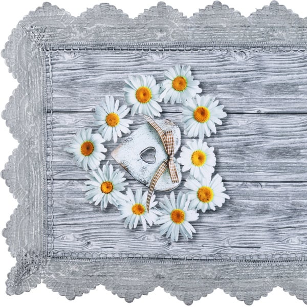 Bild 1 von Bella Casa Tischläufer mit Spitze, ca. 40 x 150 cm - Gänseblümchen mit Herz auf Holz