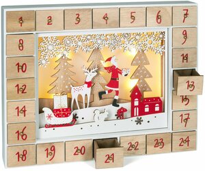 BRUBAKER befüllbarer Adventskalender »Weihnachtskalender zum Befüllen - Kalender Weihnachten LED-Beleuchtung« (Wiederverwendbar, 1-tlg), Holz Deko Weihnachtsmann im Wald 35,5 x 6 x 27 cm