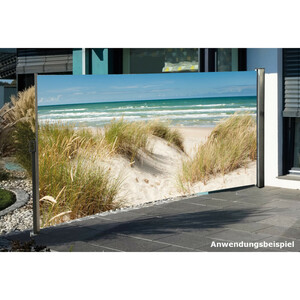 Seitenmarkise 3 x 1,6 m mit Auszug links und Fotodruck „Ostsee“ rechts