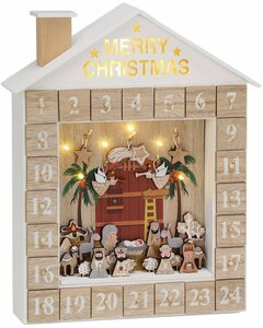 BRUBAKER befüllbarer Adventskalender »Weihnachtskalender zum Befüllen - Bibelgeschichte mit LED Beleuchtung«, Holz Kalender Weihnachten Krippe - 31,5 cm