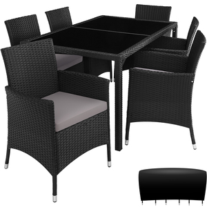 Rattan Sitzgruppe 6+1 mit Schutzhülle - schwarz/grau