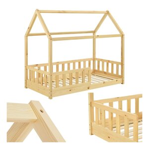 Juskys Kinderbett Marli 80 x 160 cm Rausfallschutz, Lattenrost & Dach   natur   Hausbett   Holz
