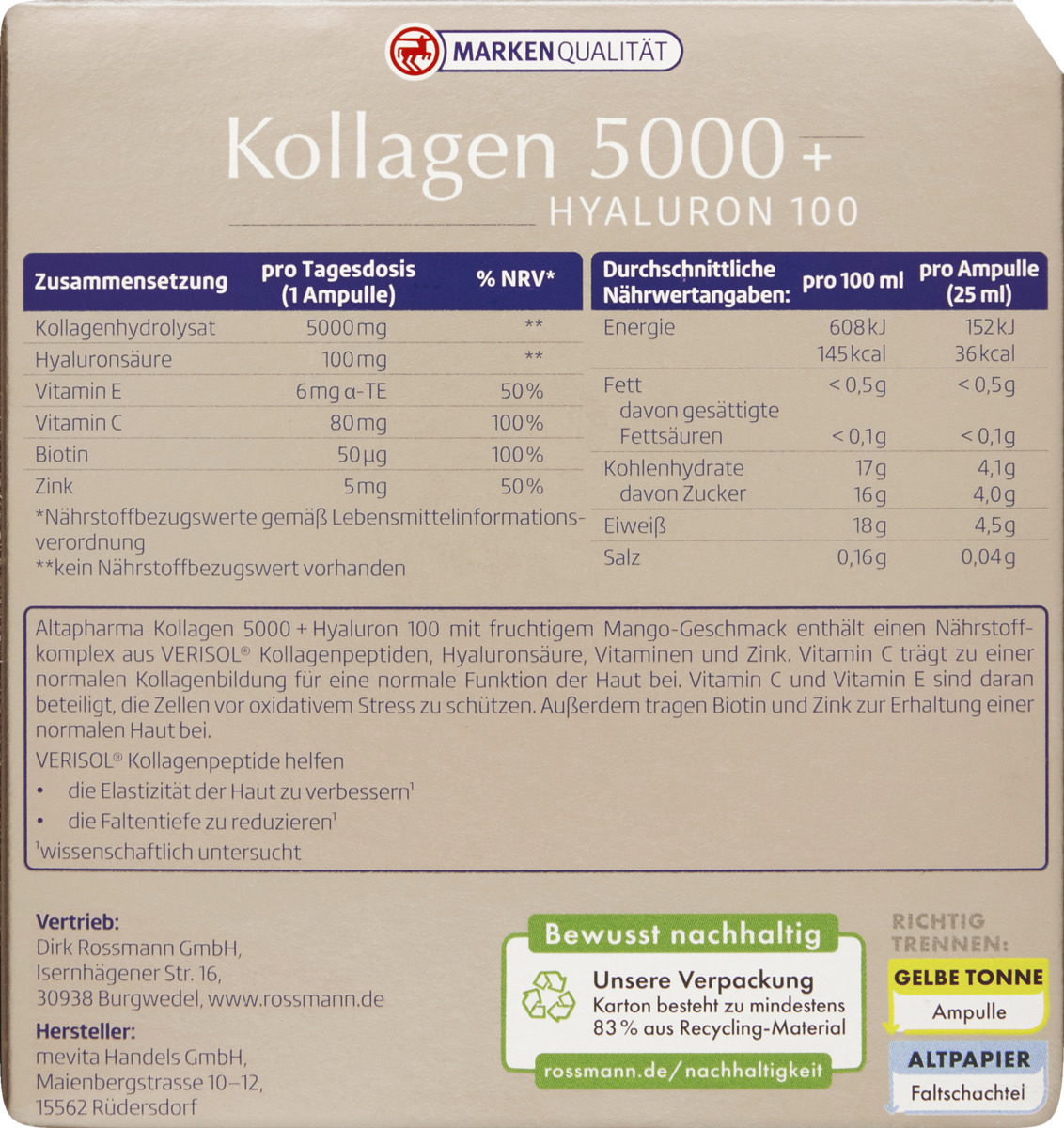 Bild 1 von altapharma Kollagen 5000 + Hyaluron 100