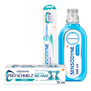 Sensodyne 3er-Set aus Sensodyne Zahnpasta, Mundspülung und Zahnbürste