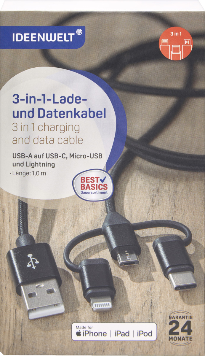 Bild 1 von IDEENWELT Best Basics 3-in-1-Lade- und Datenkabel