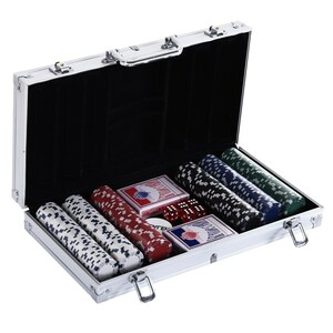 HOMCOM Pokerkoffer mit 300 Chips silber 38 x 20,5 x 6,5 cm (LxBxH)   Pokerchips Poker-Komplettset Pokerkarten Kasino
