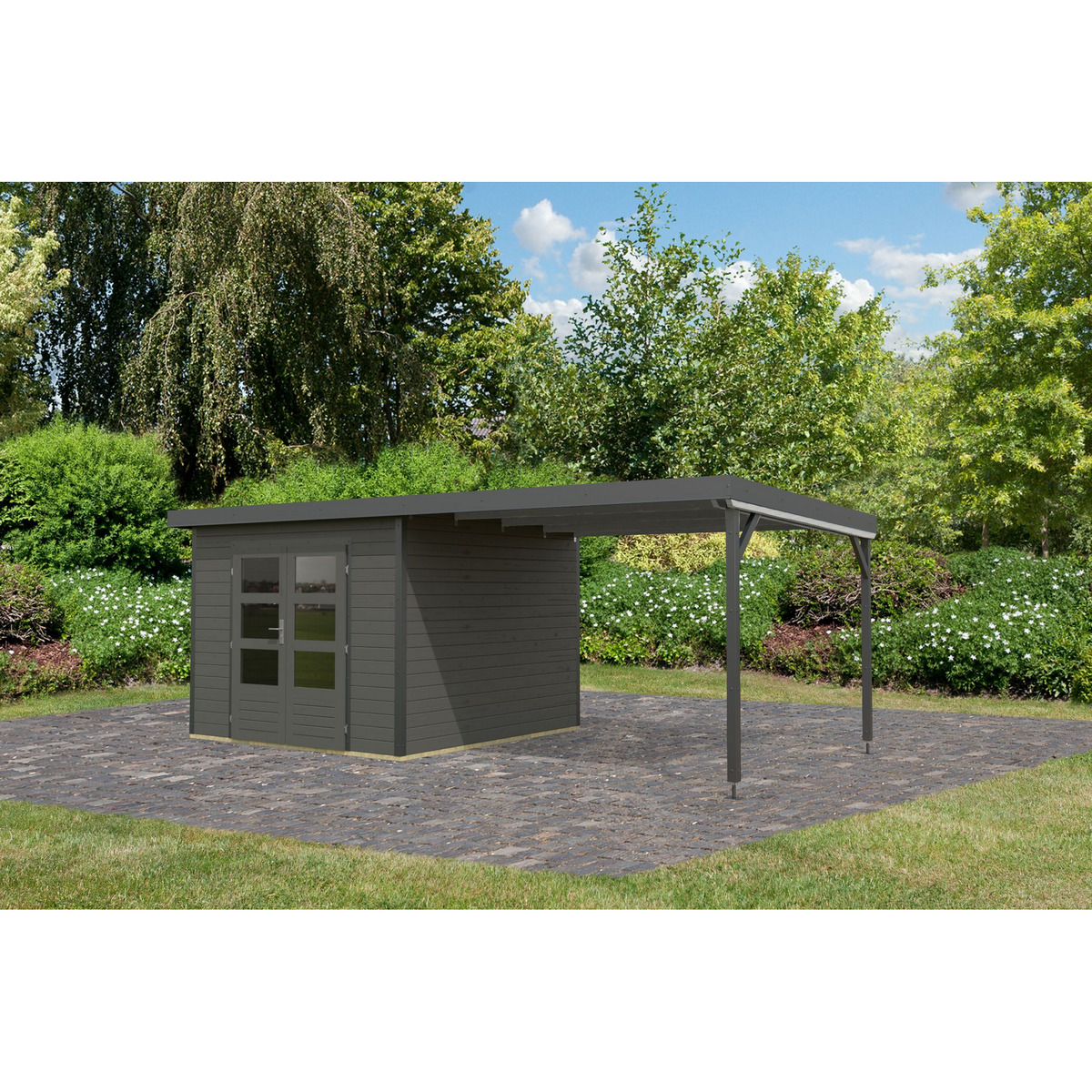 Bild 1 von Karibu Gartenhaus-Set 'Meteor B' terragrau/anthrazit mit Anbaudach 309 x 218,5 x 292,4 cm
