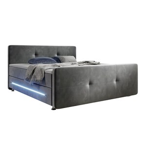 Juskys Boxspringbett Houston 140x200 cm - Bett mit LED, Topper & Federkern-Matratzen – Stoff Grau