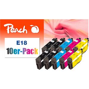 Peach E18 10 Druckerpatronen (2*bk, bk, c/m/y) ersetzt Epson No. 18, C13T18064010 für z.B. Epson Expression Home XP -100 (wiederaufbereitet)