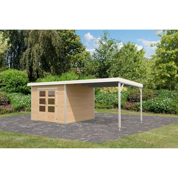 Bild 1 von Karibu Gartenhaus-Set 'Meteor A' naturbelassen/weiß mit Anbaudach 595,5 x 218,5 x 292,4 cm