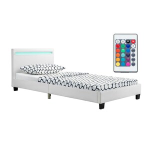 Juskys Polsterbett Verona 90x200 cm weiß mit Matratze – Einzelbett + LED-Beleuchtung & Lattenrost