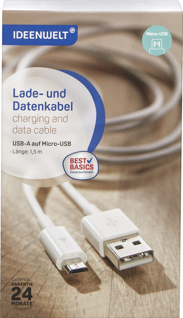 Bild 1 von IDEENWELT Best Basics Lade- & Datenkabel USB-A auf Micro-USB, weiß