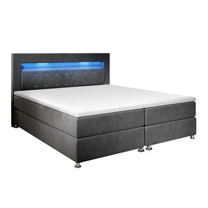 Juskys Boxspringbett Vancouver 140x200 cm - Bett mit LED, Topper & Federkern-Matratzen – Stoff Grau