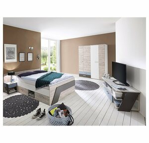 Lomadox Jugendzimmer-Set »LEEDS-10«, (Sparset, 4-tlg), mit Bett 140x200 cm 4-teilig in Sandeiche Nb. mit weiß, Lava und Denim Blau mit Lowboard