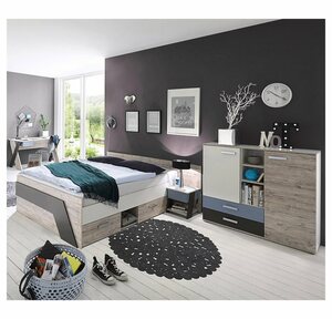 Lomadox Jugendzimmer-Set »LEEDS-10«, (Sparset, 4-tlg), Jugendzimmer mit Bett 140x200 cm und Schreibtisch 4-teilig in Sandeiche Nb. mit weiß, Lava und Denim Blau