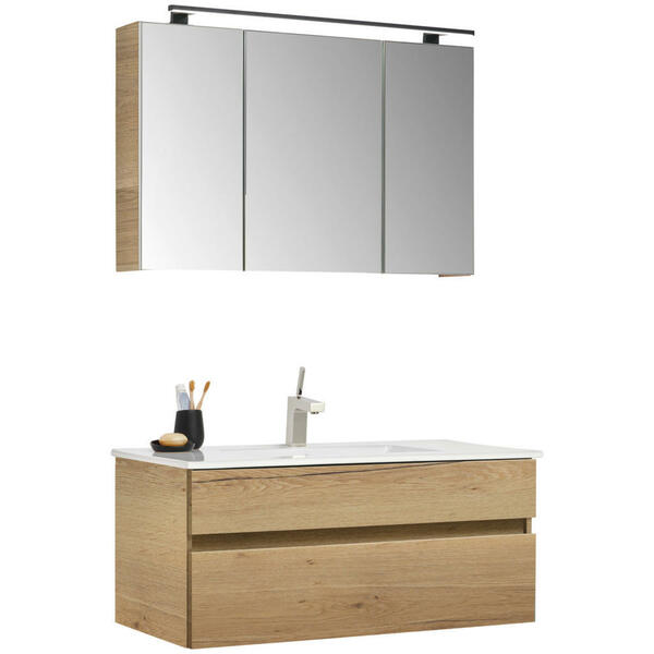 Bild 1 von Novel Badezimmer, Eiche, Keramik, Holzwerkstoff, 3-teilig, 3 Fächer, 2,2 Schubladen, F, 102 cm, Goldenes M, Made in Germany, hängend, erweiterbar, Typenvielfalt, Badezimmer, Badmöbelsets & -serien