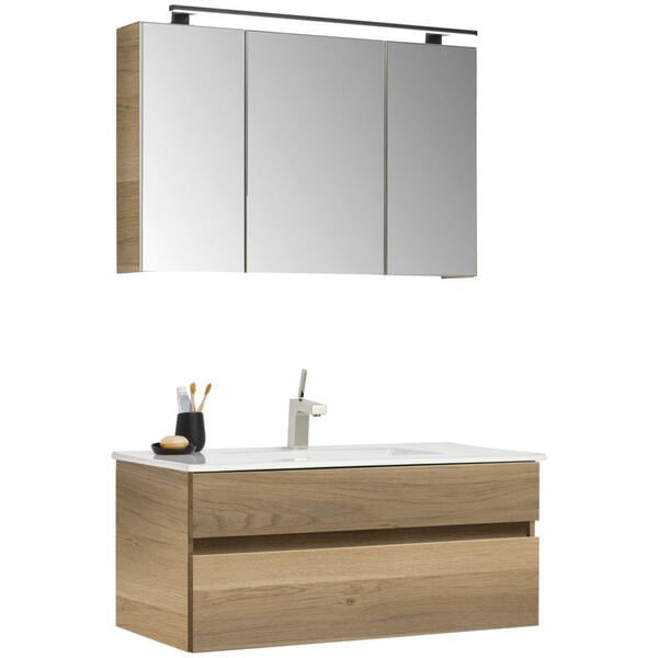 Bild 1 von Novel Badezimmer, Eiche San Remo, Keramik, Holzwerkstoff, 3-teilig, 3 Fächer, 2,2 Schubladen, F, 102 cm, Goldenes M, Made in Germany, hängend, erweiterbar, Typenvielfalt, Badezimmer, Badmöbelsets