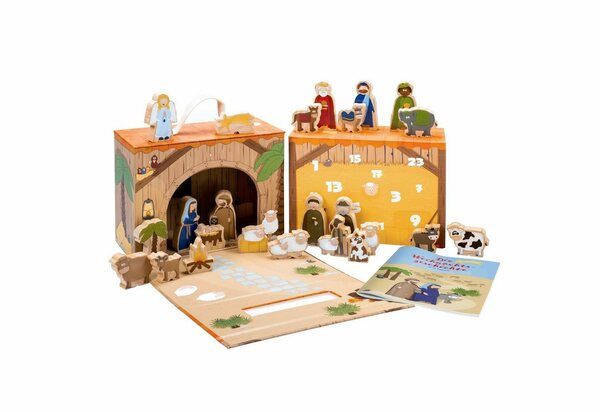 Bild 1 von yoamo Adventskalender »Spiel-Krippe für Kinder inkl. Adventskalender mit 24 Holzfiguren« (27-tlg), hochwertigem Spielkoffer und Weihnachts-Geschichte 27-teilig (1 Set)