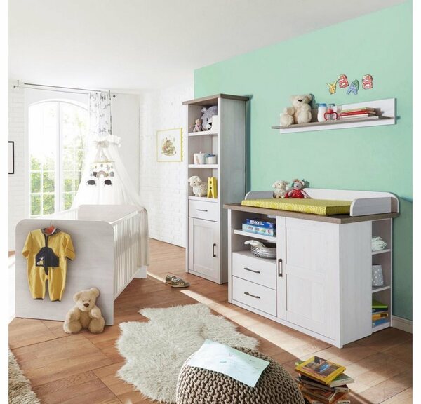 Bild 1 von Lomadox Babyzimmer-Komplettset »LUND-78«, Babymöbel Set Landhausstil Pinie weiß Nb./Trüffel Eiche Nb.