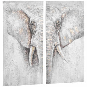 HOMCOM Wandbilder Gemälde 2er-Set Wanddekoration Canvas Wand Art 'Elefant' Familienzimmer Wohnzimmer-Kunst Segeltuch Kiefernholz 120 x 120 x 2,8 cm