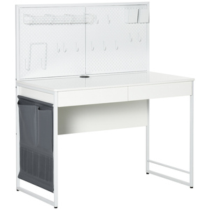 HOMCOM Computertisch Schreibtisch mit 2 Schubladen Notizgitter Stofftasche Arbeitstisch Bürotisch Laptop Stahl Spanplatte Weiß+Grau 110 x 58,5 x 127 cm