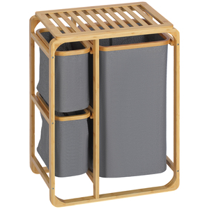 HOMCOM Wäschekorb Wäschebox mit Plattform Wäschesammler mit 3 abnehmbaren Wäschesacke Wäschesortierer für Schlafzimmer Badezimmer Bambus Grau+Natur 50 x 32 x 69,7 cm