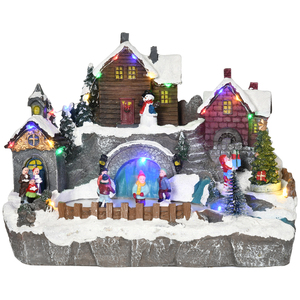 HOMCOM Weihnachtsdeko mit 21 LEDs Winterlandschaft Schlittschuhlauf-Teich Animiertes Winterwunderland Set beleuchtet bewegliches Weihnachtsgespann Tischdeko 32 x 25,5 x 24 cm