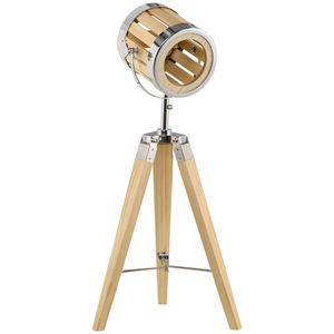 HOMCOM Tischlampe Stativ-Leuchte 40 W Tischleuchte Nachttischlampe im Scheinwerfer-Design Dreibeiniges Gestell mit verstellbarem Holzlampenschirm E14 Sockel Stahl Natur 30 x 30 x 68 cm