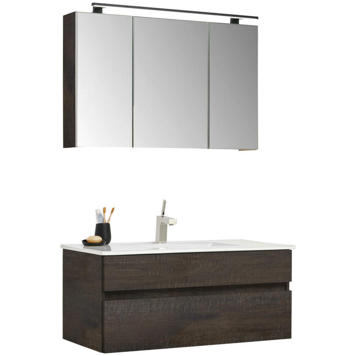 Bild 1 von Novel Badezimmer, Grau, Keramik, Holzwerkstoff, 3-teilig, 3 Fächer, 2,2 Schubladen, F, 102 cm, Goldenes M, Made in Germany, hängend, erweiterbar, Typenvielfalt, Badezimmer, Badmöbelsets & -serien,