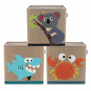 Lifeney Aufbewahrungsbox 3er-Set Hai Koala & Krabbe, braun, 33x33x33cm
