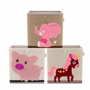 Lifeney Aufbewahrungsbox 3er-Set Einhorn Elefant & Schweinchen, braun & beige, 33x33x33cm