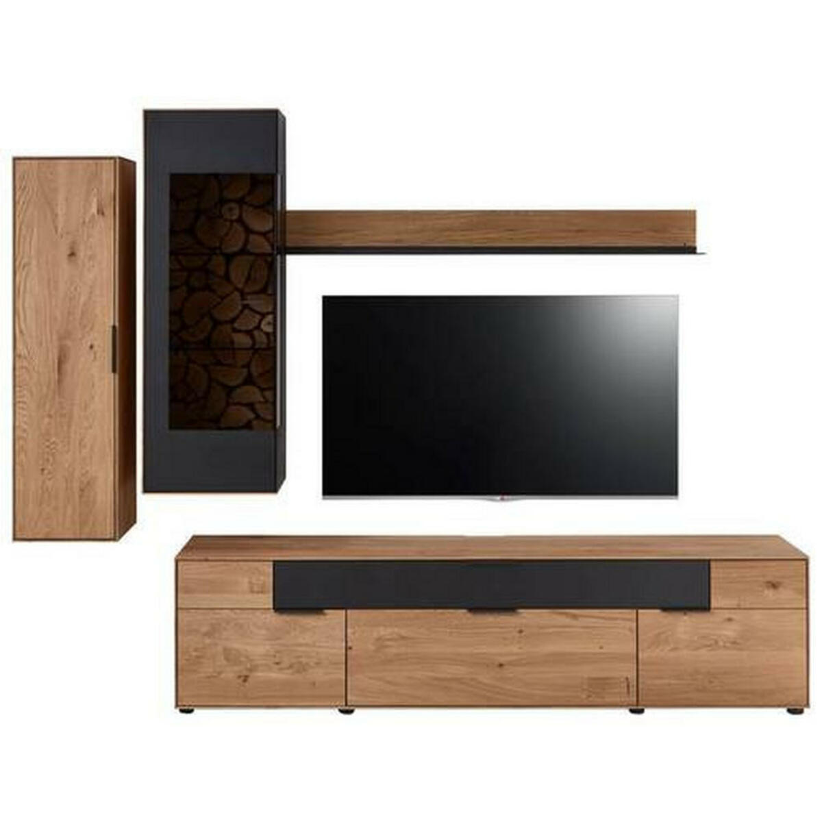 Bild 1 von Escando Natürlich Wo Wohnwand, Schwarz, Eiche, Metall, Wildeiche, massiv, 3,3,6 Fächer, 2 Schubladen, 265.9x201.8x45.2 cm, EN 71, Typenauswahl, Beimöbel erhältlich, umfangreiches Zubehör erhält