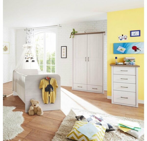 Bild 1 von Lomadox Babyzimmer-Komplettset »LUND-78«, Babyzimmer Möbel im Set, Landhaus Design, Pinie weiß Nb./Trüffel Eiche Nb.