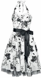 H&R London - Rockabilly Kleid knielang - Floral Long Dress - XS bis XXL - für Damen - Größe M - weiß/schwarz