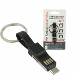 Schlüsselanhänger, Mini Lade- und Datenkabel schwarz Type-C, 8-PIN, Micro-USB auf USB-A, 13CM