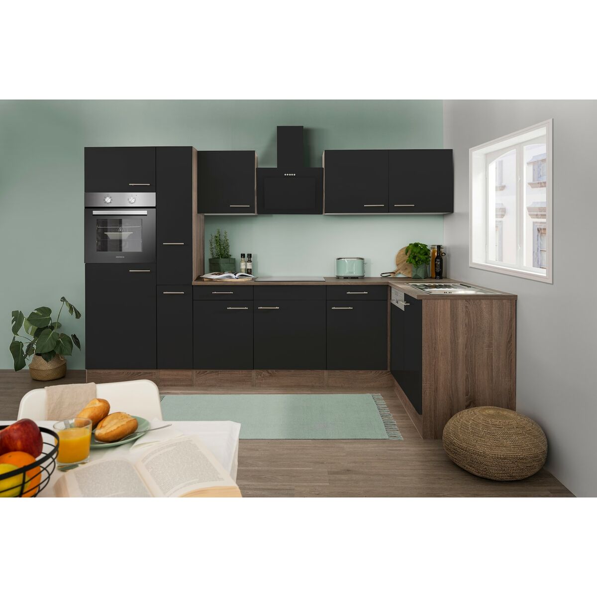 Bild 1 von Respekta Küchenprogramm Eiche York Winkelküche 310 cm inkl. E-Geräte & Mineralite Einbauspüle, schwarz