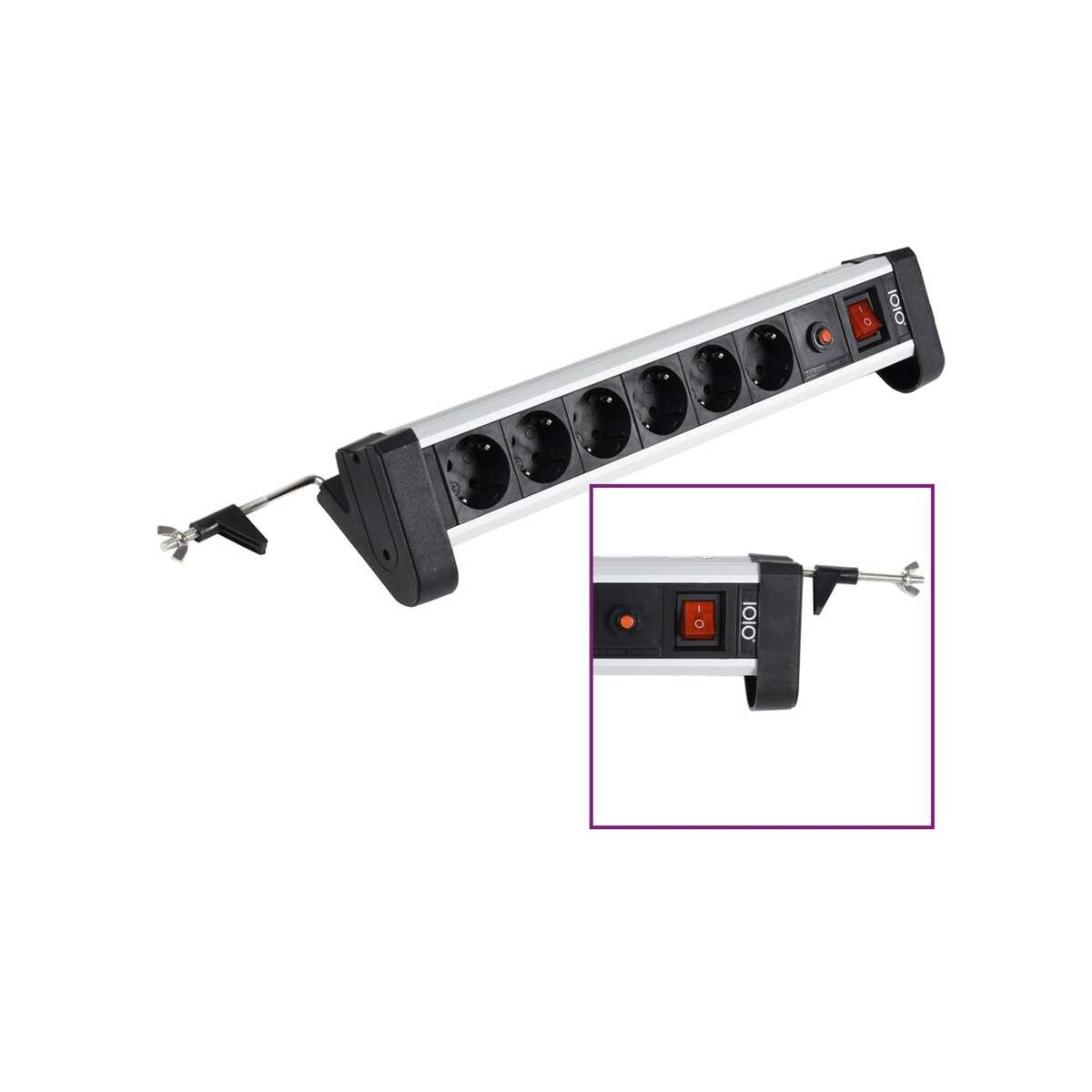 Bild 1 von IOIO SL 2625S Aluminium 6-fach Tisch-Steckdosenleiste mit Überlastschutz, Ein/Aus-Schalter und Schreibtischhalterung