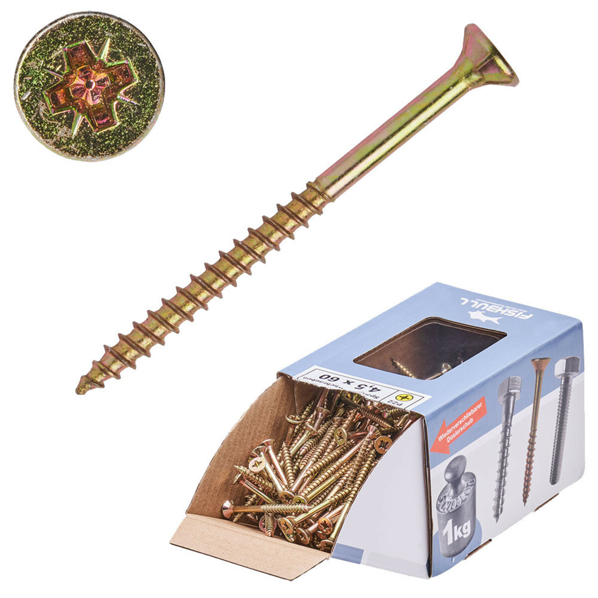 Bild 1 von Spanplattenschraube 4,5x60 mm PZ 1kg FISHBULL-Pack Senkkopf Teilgewinde Kreuzschlitz