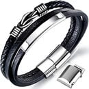 Bild 1 von Gkmamrg Männer Armband Leder Armreif schwarz Lederband für Herren, geflochten Echtleder Breites Lerderarmband Wickelarmband mit Magnet Verschluss (Lederarmband mit Extra Glieder)