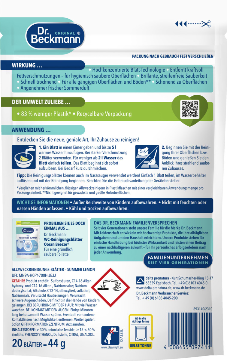 Bild 2 von Dr. Beckmann Allzweck Reinigungs-Blätter Summer Lemon