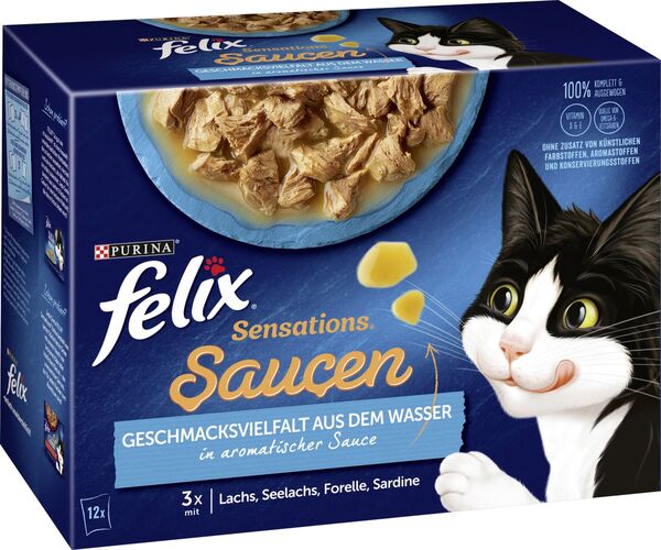 Bild 1 von Felix Katzennassfutter Geschmacksvielfalt vom Wasser - Sauce - Felix Sensations
, 
12 x 85 g, 3x Lachs, Seelachs, Forelle, Sardine