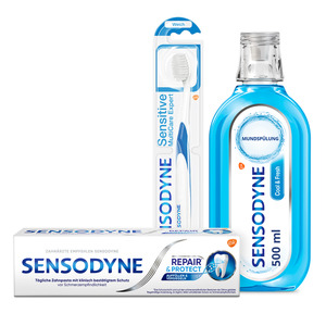 Sensodyne 3er-Set aus Sensodyne Zahnpasta, Mundspülung und Zahnbürste