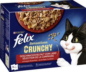 Felix Katzennassfutter Geschmacksvielfalt vom Land - Felix Sensations Crunchy
, 
10 x 85 g + 40g Felix Sensations Crunchy, 3x Rind, Huhn, 2x Kaninchen, Lamm
